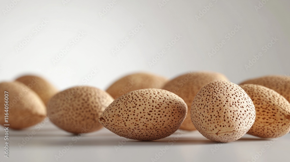 Poster almonds scattered on a neutral background showcasing detailed textures and shapes of each nut in ful