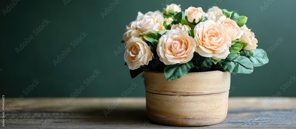 Poster artificial flowers in a rustic wooden pot adding charm and elegance to interior decor in a warm and 