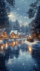 Fototapeta premium Winter village with pine trees and cabins decorated with wreaths. Snowflakes fall gently, while lanterns cast a golden glow over a frozen, reflective pond.