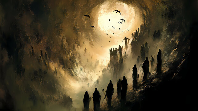 Orpheus enchanting the underworld from above, shadowy figures and eerie landscapes , high resolution. Wraithlike. Illustration