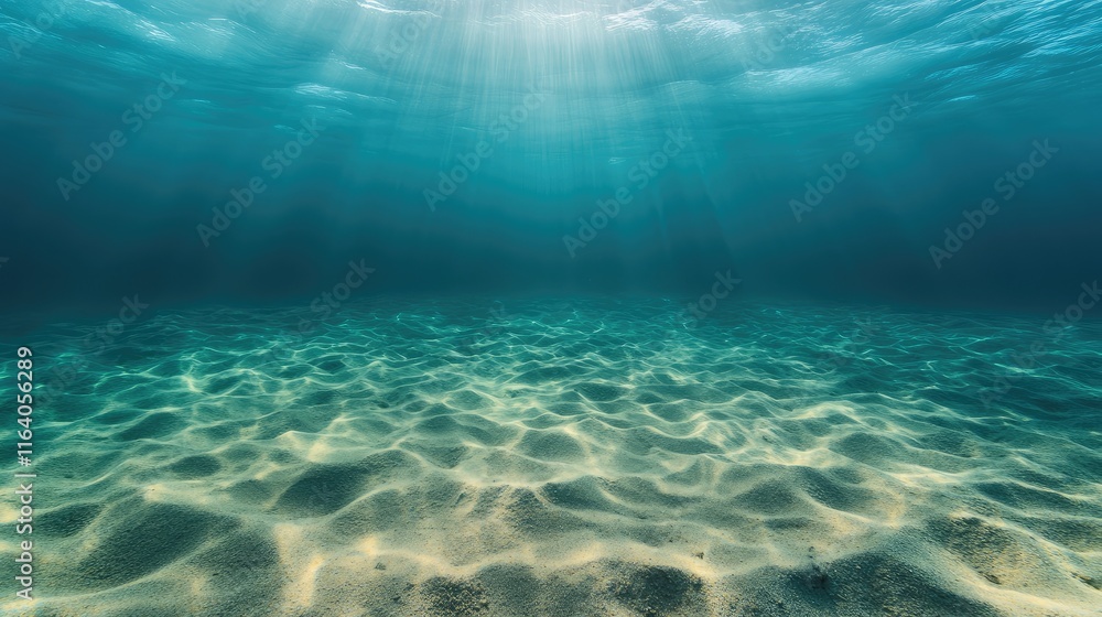 Poster aerial view of tranquil sandy seabed underwater with sunlight rays and copy space for marine themes 