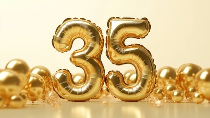 35th Anniversary Celebration with 3D Golden Number Balloons and Decorative Gold Foil Elements for Birthday Party Theme