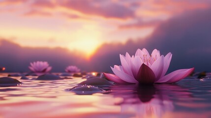Elegant pink waterlily blossoming on tranquil water at sunrise surrounded by serene nature and soft pastel colors