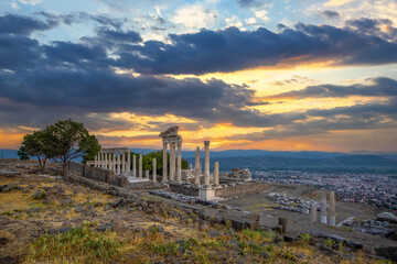Columns of white marble on the remains of the ruins of the ancient temple of Troyan. The ancient city of Pergamon. Tourist attraction of Turkey.