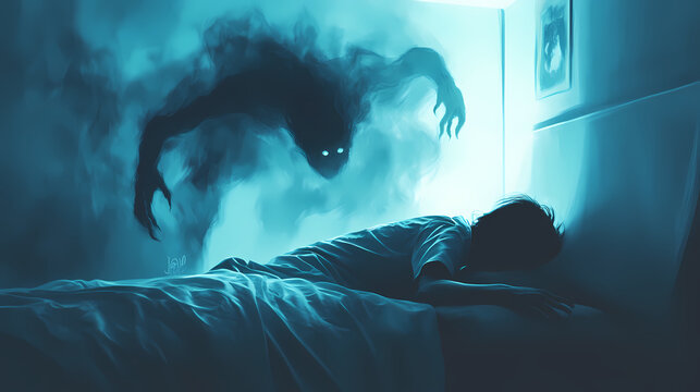 Person experiencing sleep paralysis with a shadowy figure hovering over them, ai generated. Wraithlike. Illustration