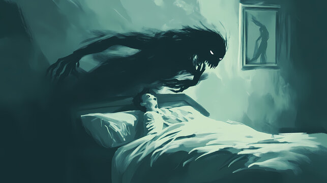 Person experiencing sleep paralysis with a shadowy figure hovering over them, ai generated. Wraithlike. Illustration