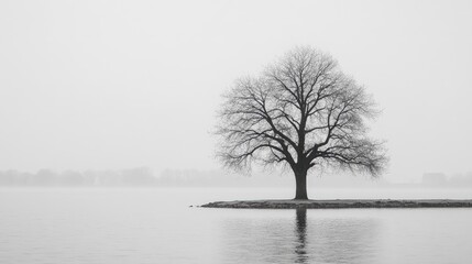 Lonely tree silhouette on a misty lake shore capturing solitude and tranquility in nature's serene environment.