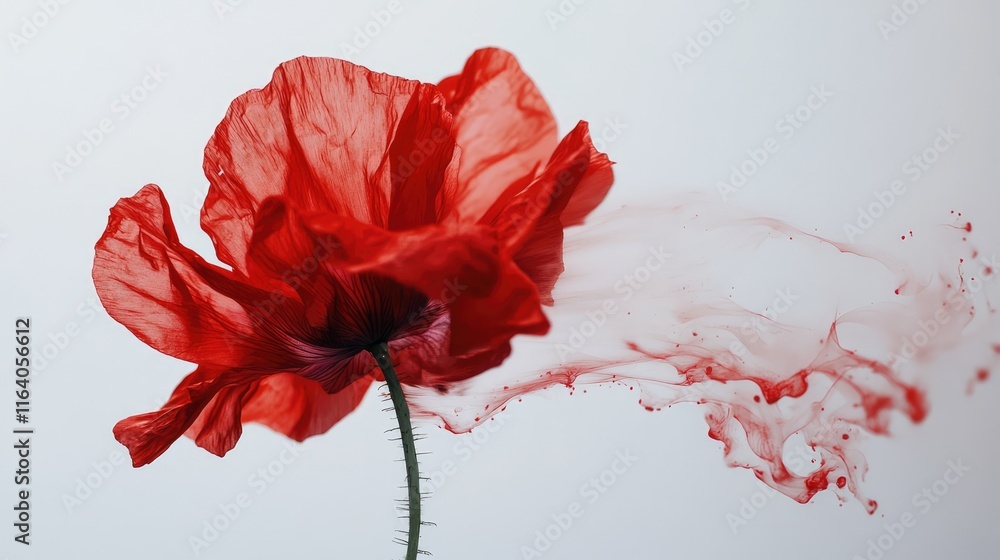 Poster vibrant red poppy flower with dynamic splash design showcasing its delicate petals and vivid color o