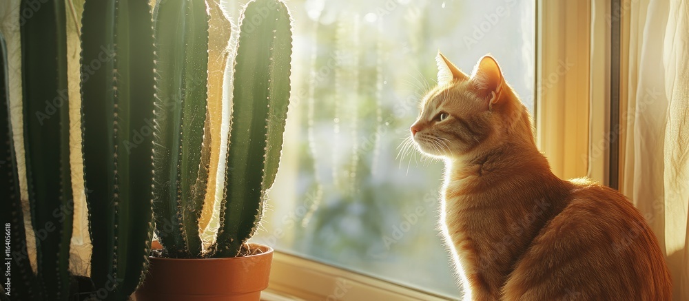 Poster ginger cat gazing out a sunlit window beside a cactus creating a cozy and inviting atmosphere in a w