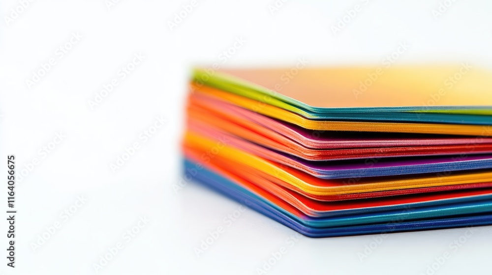 Poster Colorful game cards stacked neatly on a white background showcasing vibrant hues and smooth edges for a playful aesthetic.