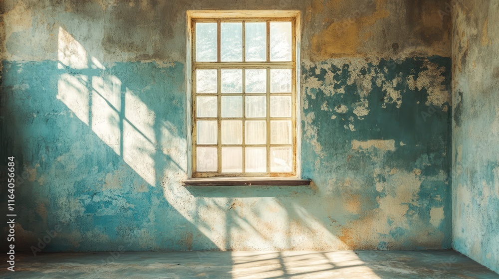 Poster sunlight streaming through a vintage window casting shadows on a weathered wall in an empty room