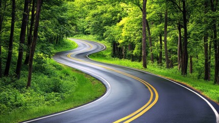 Fototapeta premium Scenic winding road traversing through lush green forest with vibrant trees creating a serene and tranquil atmosphere
