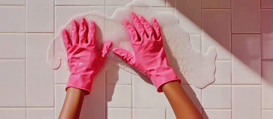 Woman wearing pink gloves cleaning a tiled kitchen surface with soap for a spotless and shiny finish in a bright environment.