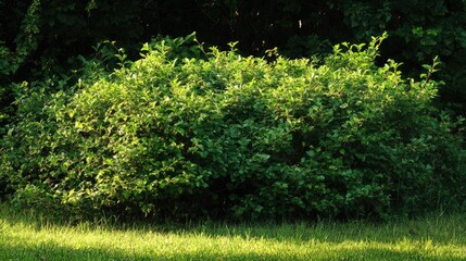 Fototapeta premium Lush green bush illuminated by warm golden hour sunlight creating a serene natural landscape scene