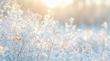 Naklejka premium Serene winter landscape with frosted grasses illuminated by soft sunlight creating a tranquil and airy atmosphere in a snow-covered field