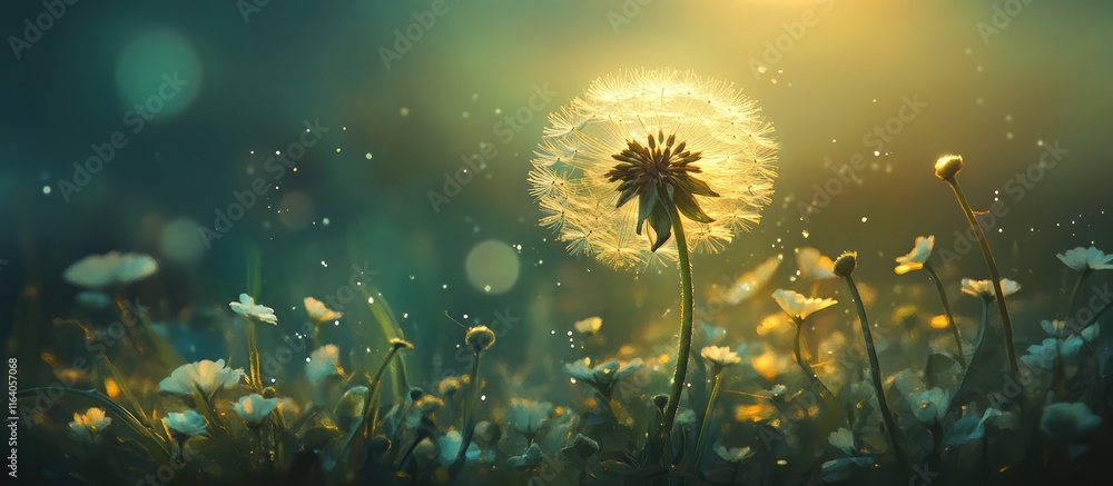 Poster enchanting wildflower meadow at sunset with a dandelion puff illuminated by soft light and surrounde