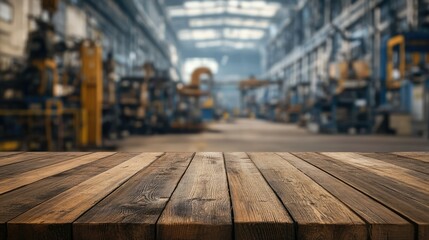 "Empty Wooden Table with Blurred Industrial Workshop Background"