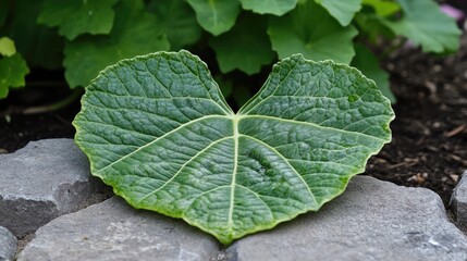 Heart-shaped green leaf resting on garden stones with lush foliage in the background creating a serene outdoor atmosphere.