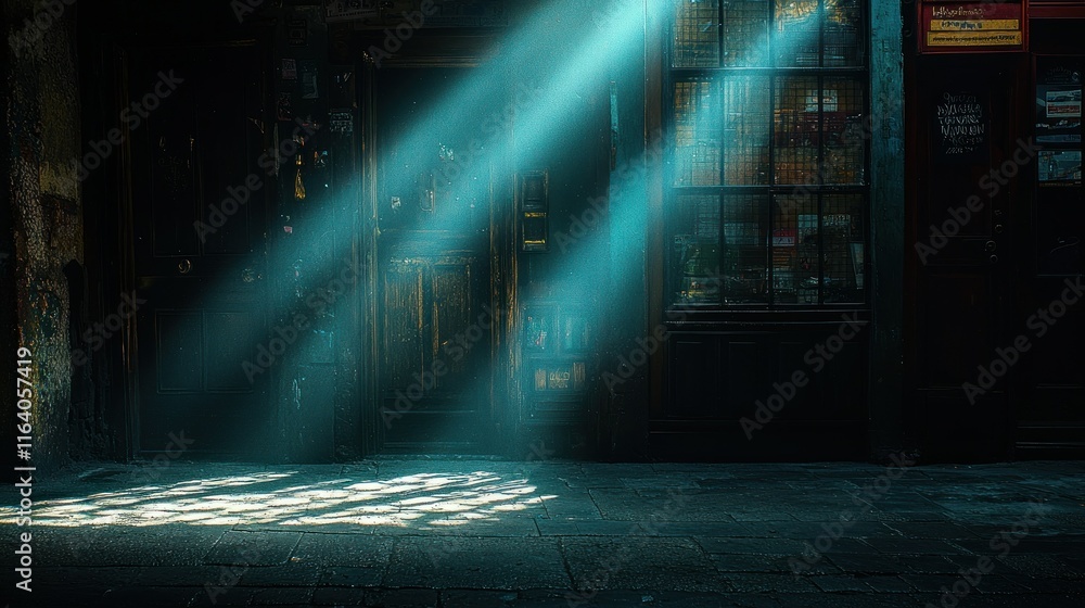 Poster light beams illuminating a rustic doorway in shadows.