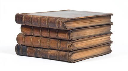 Antique leather-bound books stacked on a plain white background showcasing vintage literature and...