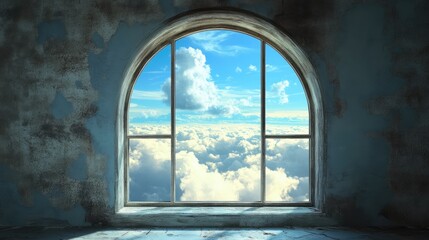 Serene arched window view of fluffy clouds and bright blue sky from an aged interior setting showcasing tranquility and escape.