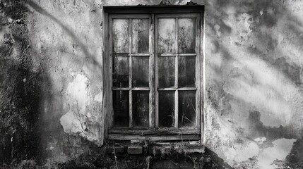 Weathered window of an old farmhouse showcasing rustic charm and historical textures in a black and...