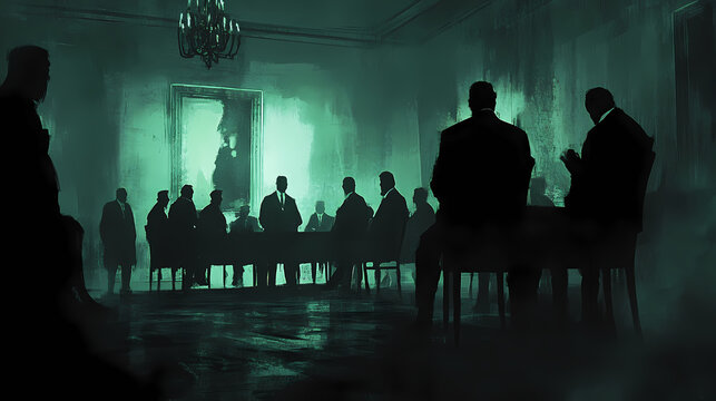 Shadowy mafia meeting in dimly lit room, plotting underworld moves, atmospheric illustration. Wraithlike. Illustration