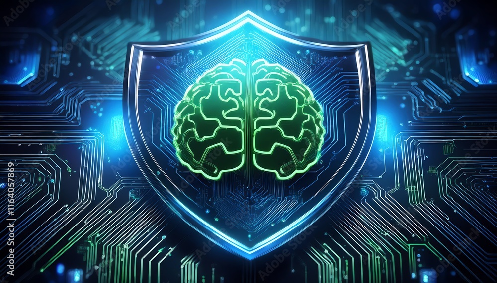 Poster a digital shield featuring a green brain, symbolizing cybersecurity and artificial intelligence, set