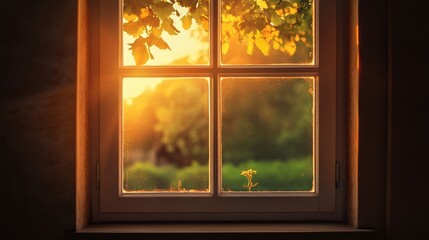 Morning sunlight streaming through a rustic window framing vibrant greenery and soft blooms outdoors