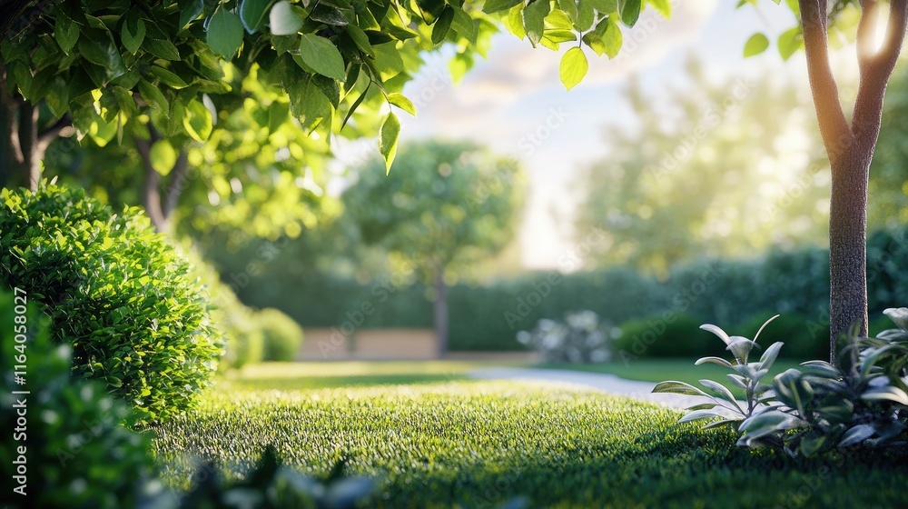Poster serene landscape with lush green trees and plants creating a tranquil atmosphere for relaxation and 