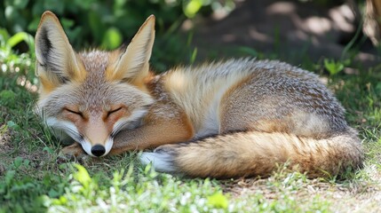 Obraz premium Young fox peacefully resting on green grass surrounded by nature, showcasing its soft fur and serene expression in a natural habitat.