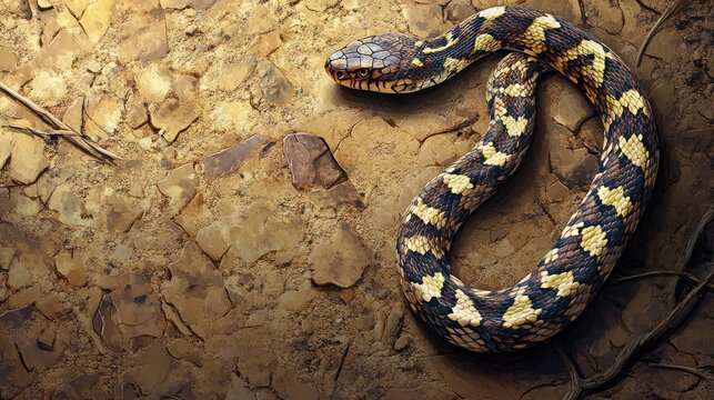 Camouflaged natrix maura snake basking on rugged dry terrain blending seamlessly with its natural environment