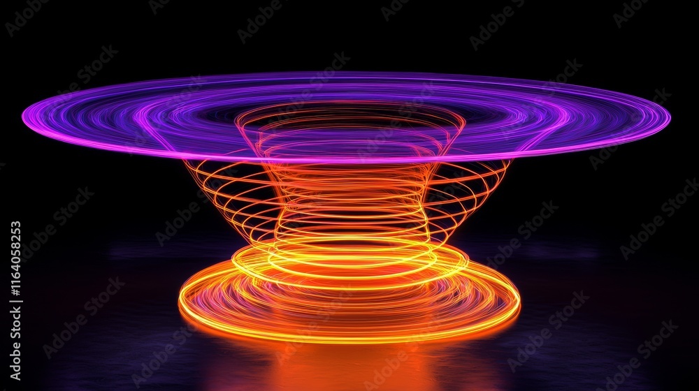 Poster 3d rendering featuring rounded pink and blue neon lines that glow in the dark on an abstract minimal