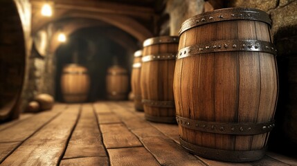 Vintage wooden barrels in a rustic cellar illuminated by soft lighting creating an inviting atmosphere for wine or craft beer aging