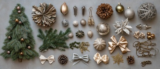 Fototapeta premium Stylish flatlay of luxurious vintage holiday tree decorations including baubles bows and garlands for festive branding and design inspiration