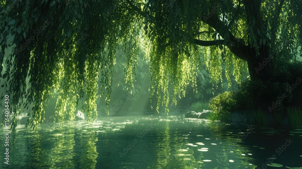 Poster serene willow tree reflections over tranquil waters in a lush green setting with soft sunlight filte