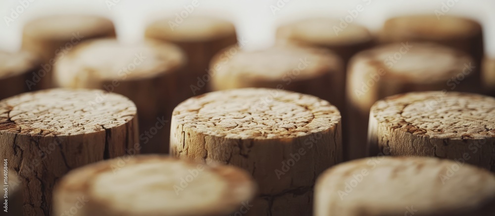 Poster close up of natural wine corks arranged against a white background showcasing their texture and uniq