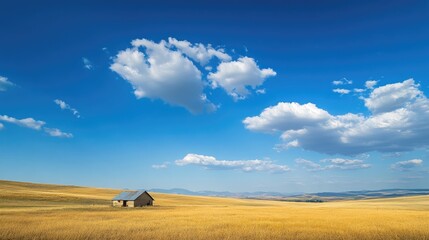 Golden Prairie Under Expansive Blue Sky with Clouds and Isolated Rustic Barn