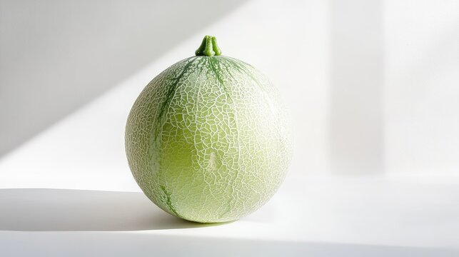 Fresh winter melon elegantly displayed on a white backdrop showcasing its unique texture and shape for culinary or agricultural themes.