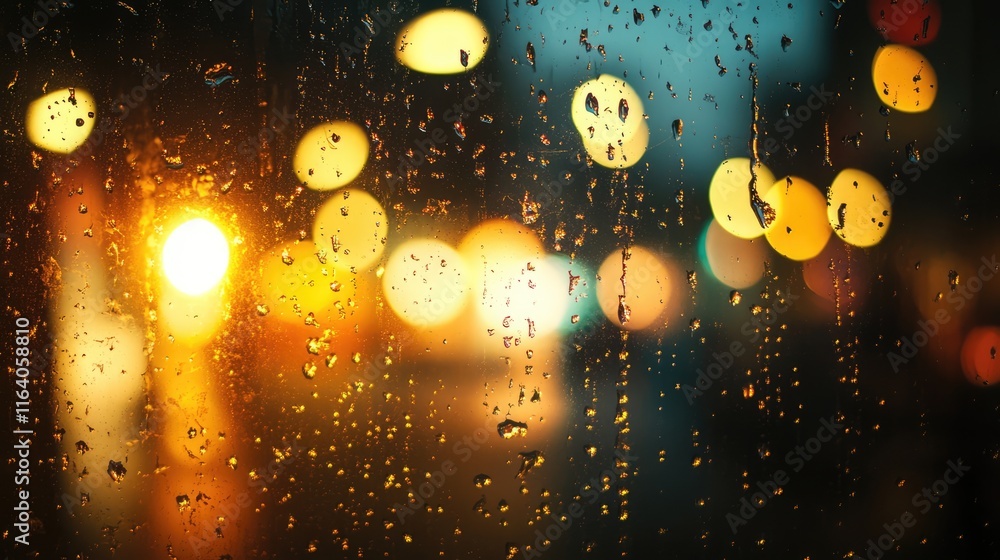 Poster raindrops on window glass creating a blurred background of colorful bokeh lights during a rainy even