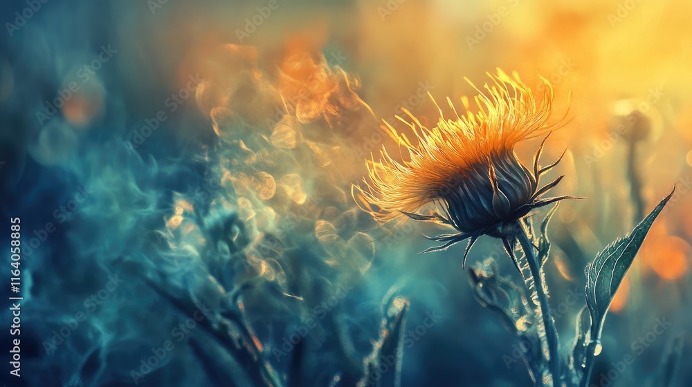 Poster spring thistle flower with dreamy bokeh background highlighting vibrant colors and intricate details
