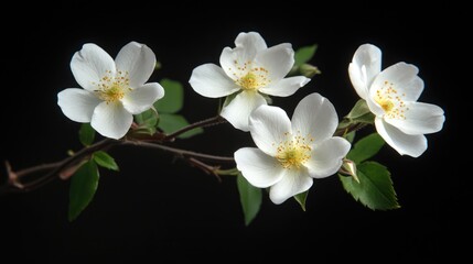 Obraz premium White wild roses in close-up against a dark background illuminated by sunlight showcasing delicate petals and vibrant greenery