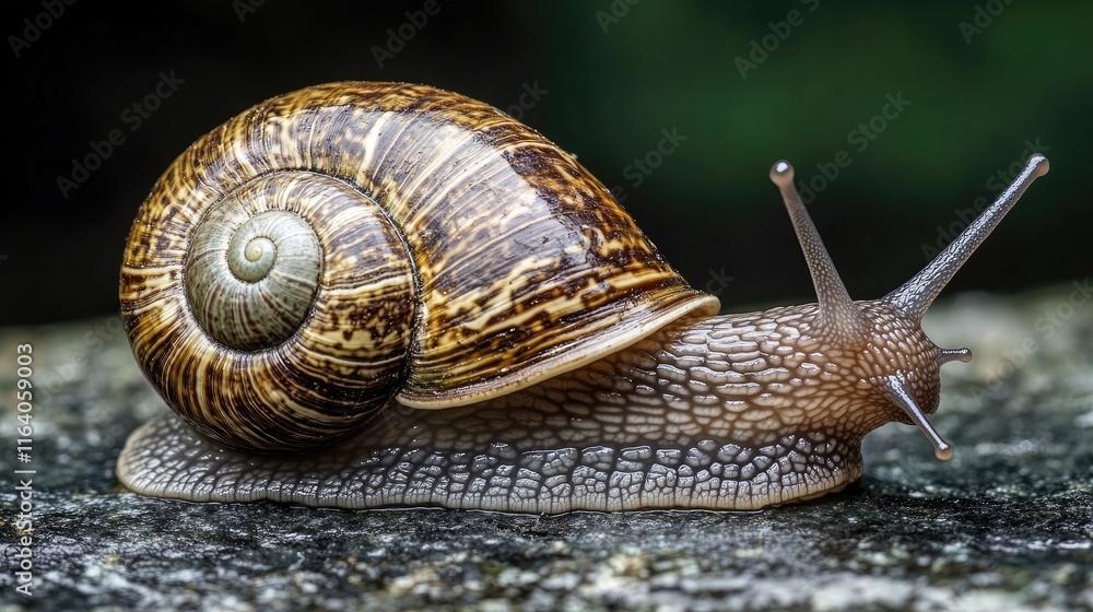 Poster snail with intricate spiral shell resting on a natural surface showcasing the beauty of nature's pat