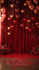  Elegant red-themed Valentine’s setup with heart-shaped balloons, velvet curtains, and scattered rose petals creating luxurious and romantic ambiance for celebrations or special events.