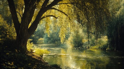Obraz premium Lush Willow Tree Overhanging Serene River Surrounded by Vibrant Greenery in Bright Natural Light