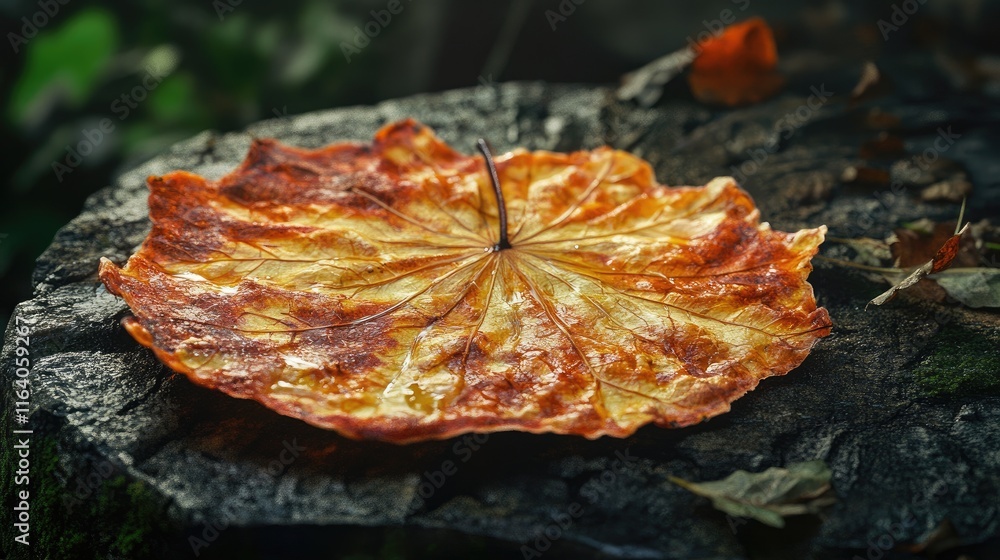 Poster dried autumn leaf resting on a weathered tree stump creating a rustic and decorative background for 