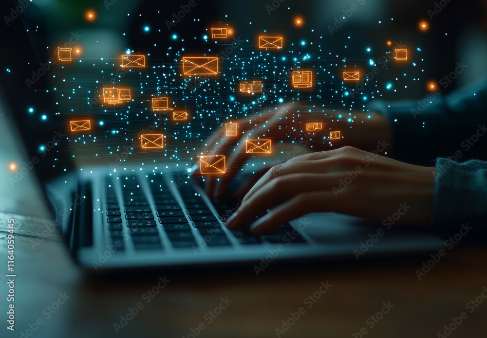 Poster visual representation of a document management system featuring icons on a virtual screen, linked wi