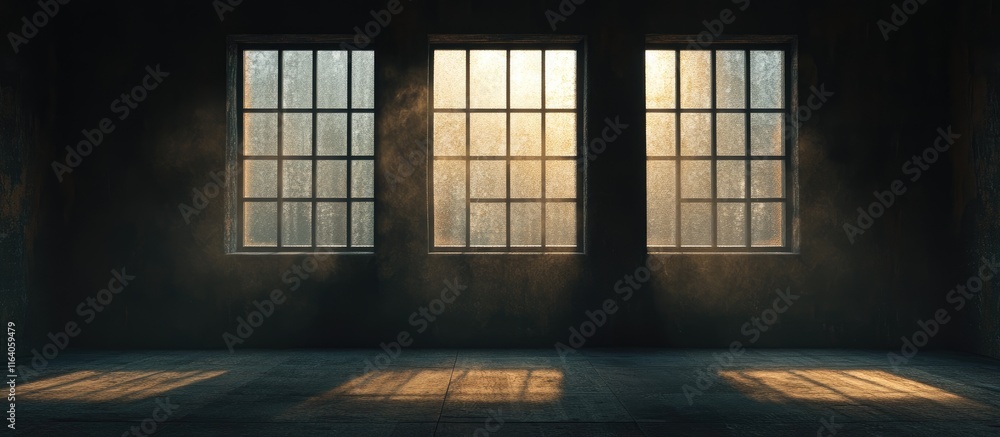 Poster sunlight streaming through vintage windows in an empty room creating dramatic shadows and an atmosph