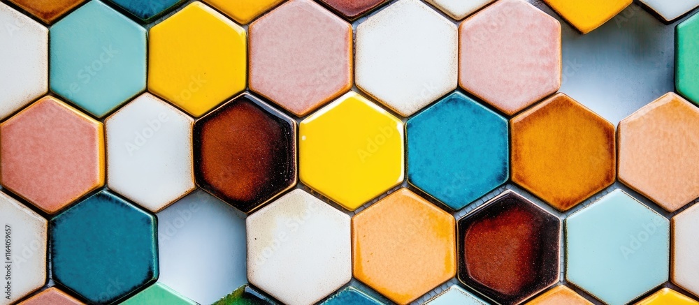 Poster vibrant hexagonal mosaic tile arrangement in a honeycomb pattern detailed macro shot on a clean whit