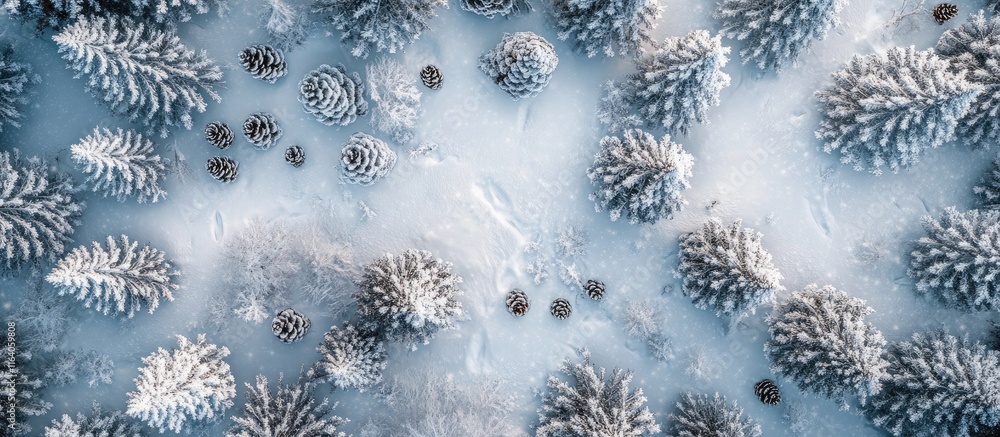 Poster snowy evergreen tree branches with pine cones in a minimal winter landscape aerial view flat lay sho